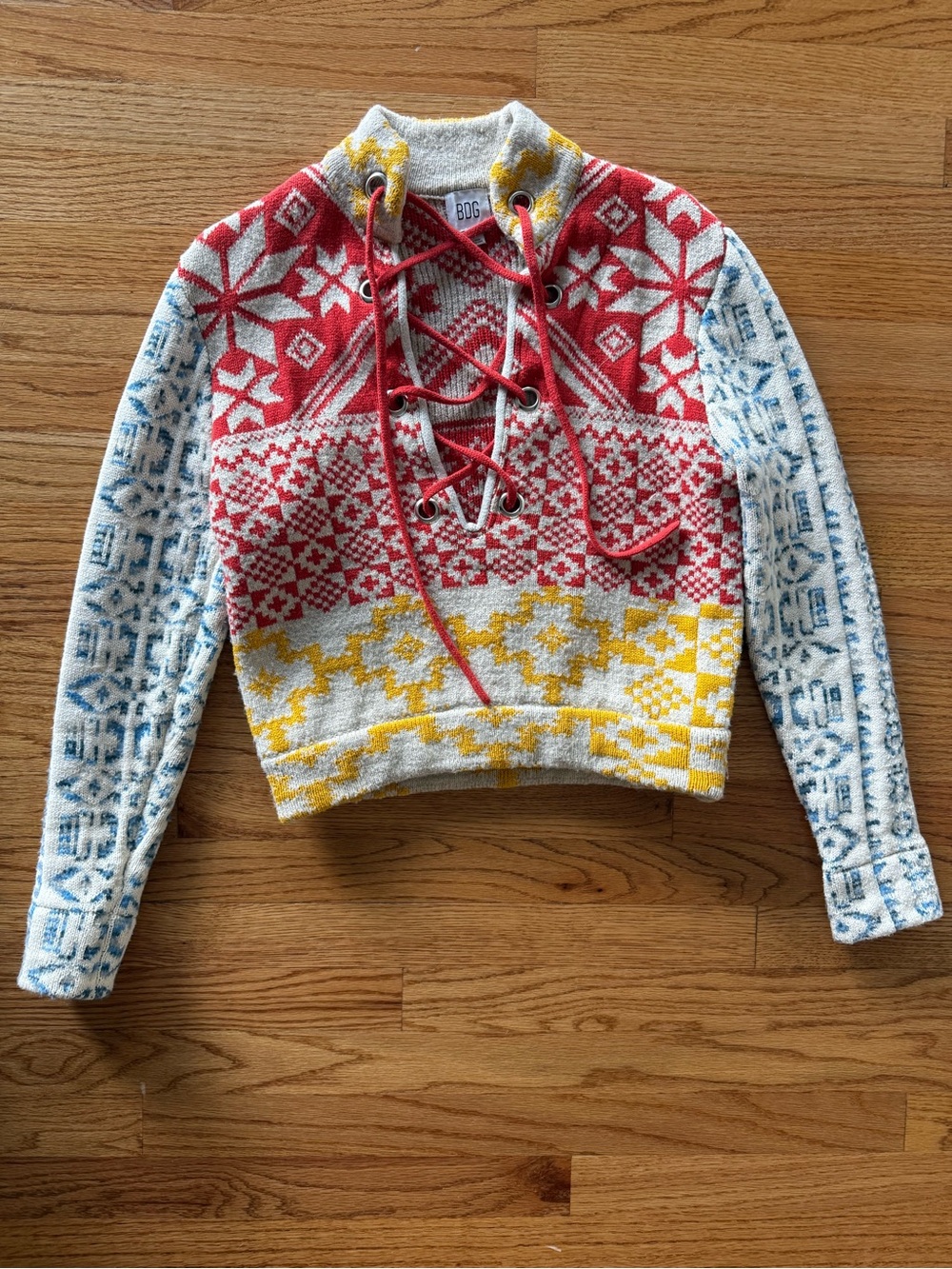 BDG Multicolor Lace-Up Fair Isle Pullover Sweater